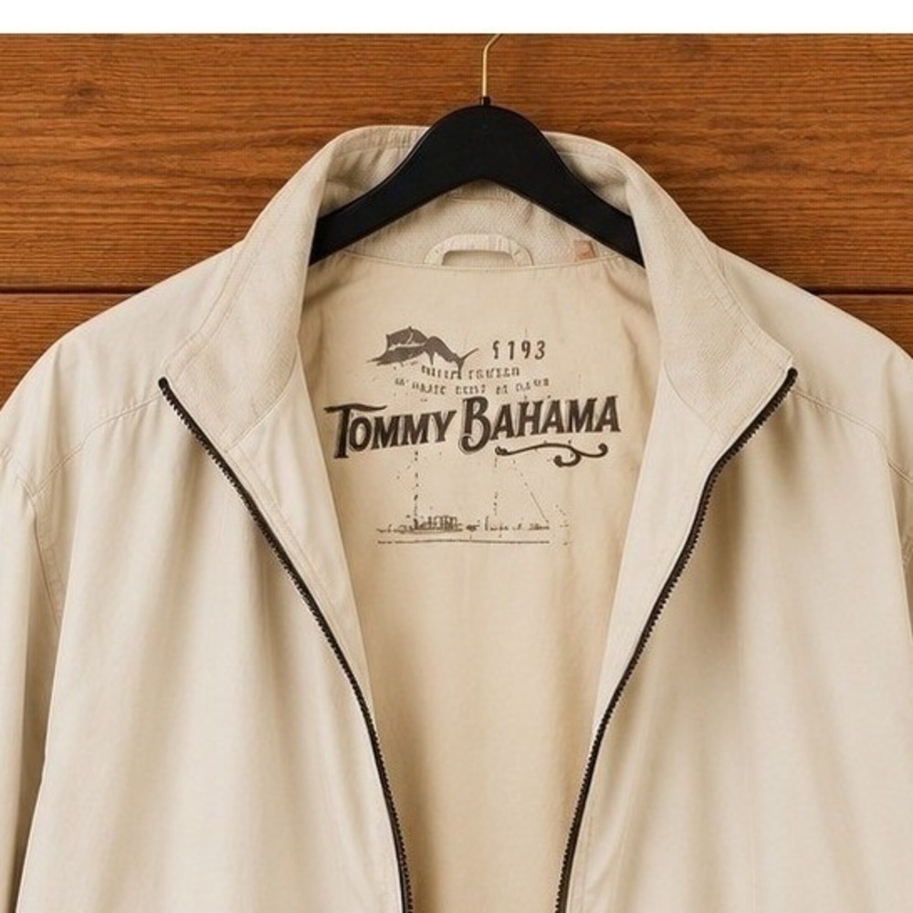 Tommy Bahama Mens XL Beige Cotton Nylon Full Zip Windbreaker Jacket Mock Neck